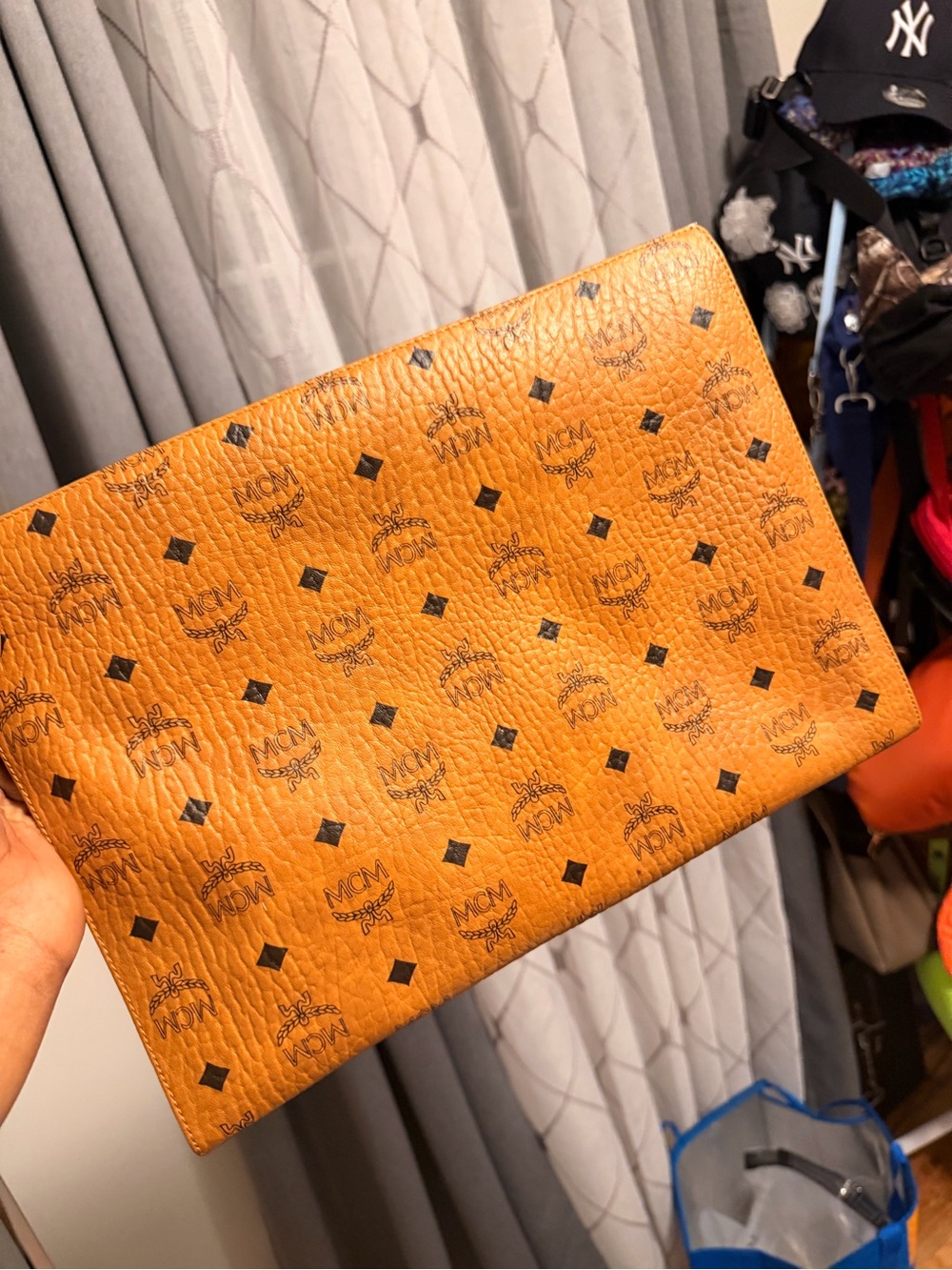 MCM Cognac Leather Zip Pouch with Gold Hardware
